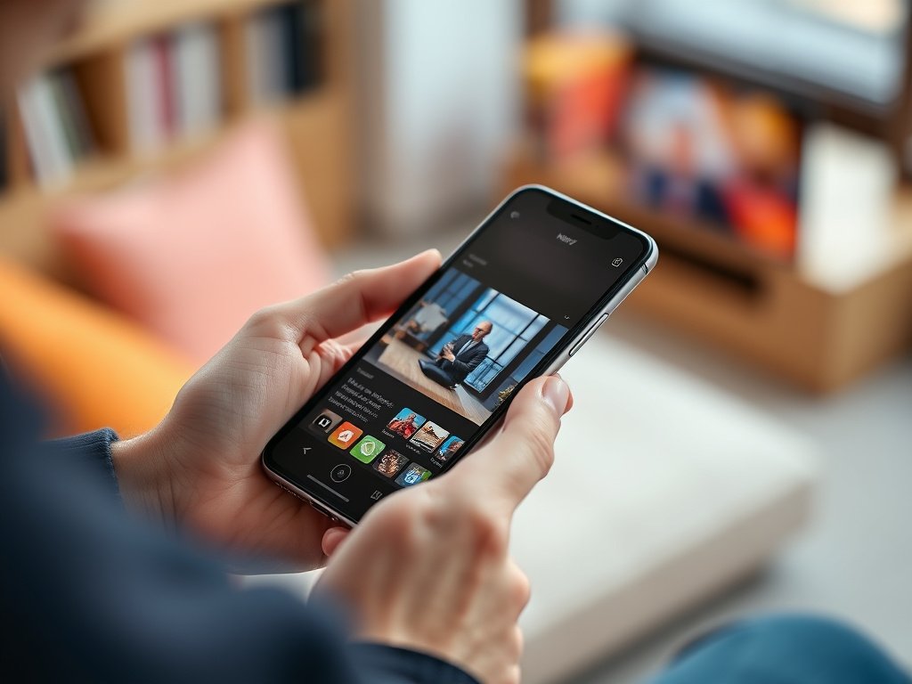 A photo of a person watching TV on their smartphone